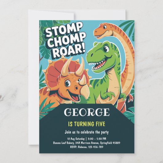 Stomp Chomp Roar Fun Dinosaur 5th Birthday Party Kaart (Voorkant)