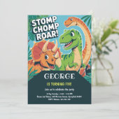 Stomp Chomp Roar Fun Dinosaur 5th Birthday Party Kaart (Staand voorkant)