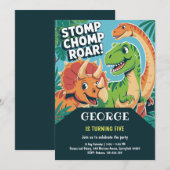 Stomp Chomp Roar Fun Dinosaur 5th Birthday Party Kaart (Voorkant / Achterkant)
