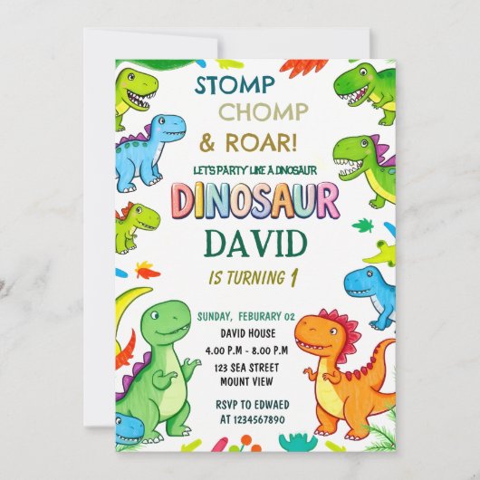 Stomp Chomp & Roar in Fun Dinosaur 1st Birthday Kaart (Voorkant)