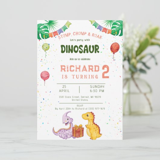 STOMP CHOMP ROAR Kleurrijke Dino Verjaardagsfeestj Kaart (Staand voorkant)