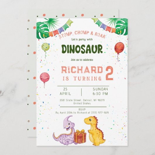 STOMP CHOMP ROAR Kleurrijke Dino Verjaardagsfeestj Kaart (Voorkant / Achterkant)