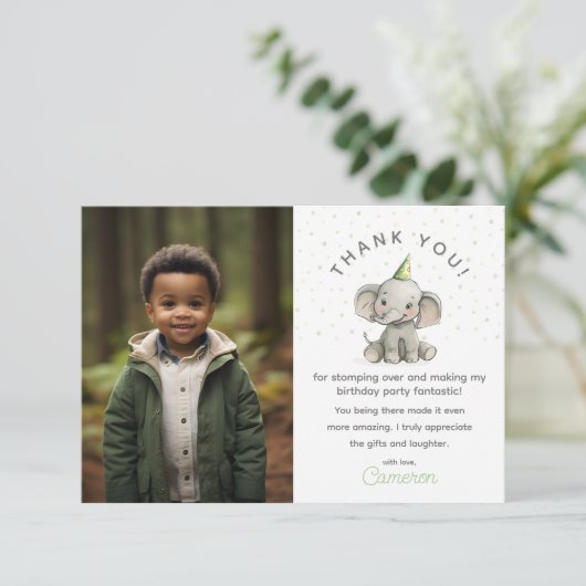 Stomp on Over, Schattigee olifant, verjaardagsfoto Bedankkaart (Staand voorkant)