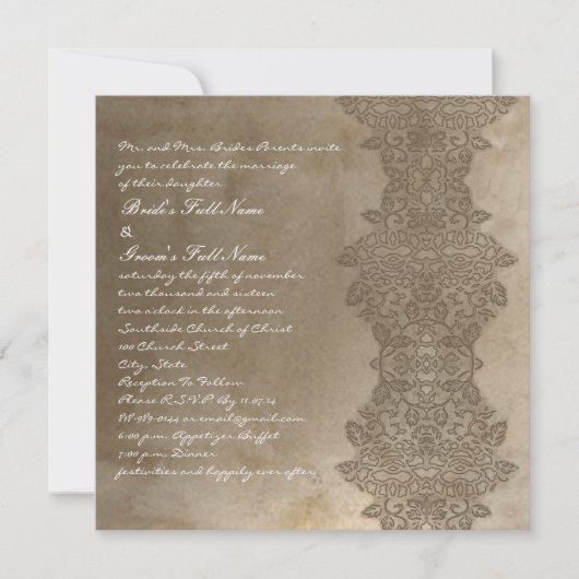 Stone Brown  Damask Wedding Invitation Kaart (Voorkant)