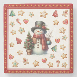 Stone Coaster Snowman and Christmas Cookies Red Stenen Onderzetter