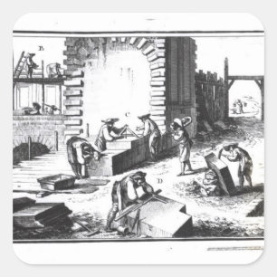 Stonemasons op het werk, gegraveerd door Lucotte Vierkante Sticker