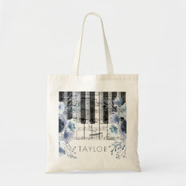stoofblauwe waterverf bloemen piano tote bag