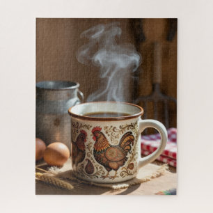 Stoomende koffie in folk art stijl kip mok legpuzzel