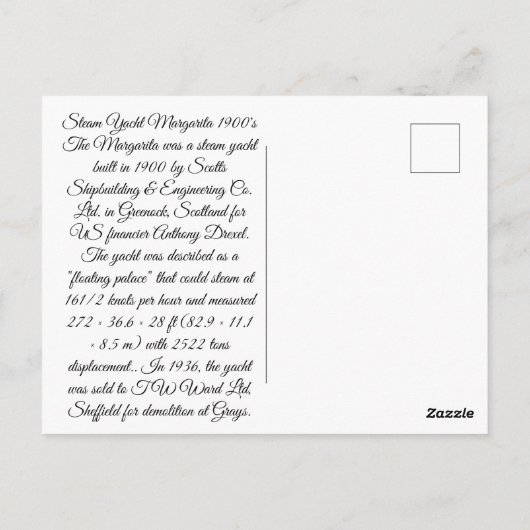 Stoomjacht Margarita 1900's Briefkaart (Achterkant)