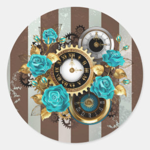 Stoomklok en turquoise rozen op gestreepte ondergr ronde sticker