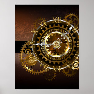 Stoomklok met antieke tandwielen poster