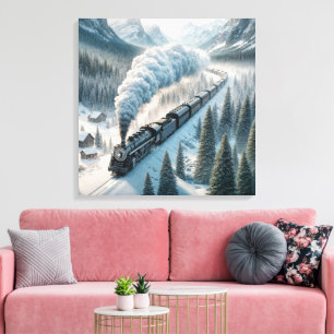 stoomlocomotief in Snowy Valley Canvas Afdruk