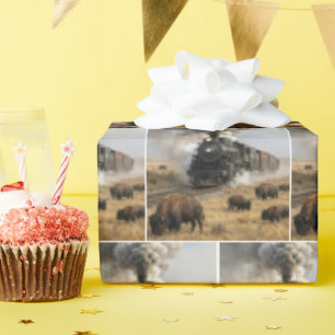 Stoomlocomotief met grazende buffels cadeaupapier