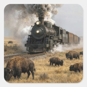 Stoomlocomotief met grazende buffels vierkante sticker