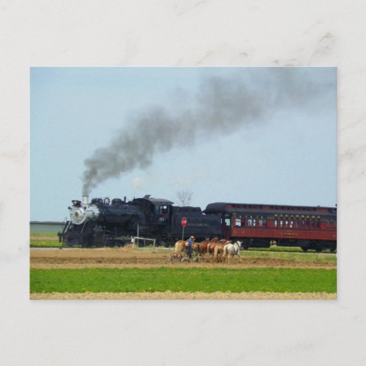 Stoommachine en Amish boer Briefkaart (Voorkant)