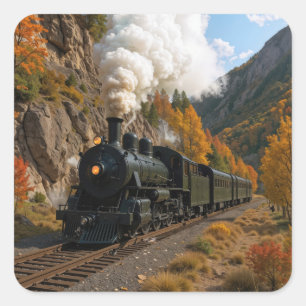  stoommachine in een herfstvallei vierkante sticker