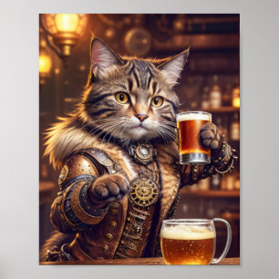 Stoomstijl kat die bier drinkt in een pub -  poster