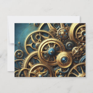 Stoomstijl Klokwerk Goud en Teal Briefkaart