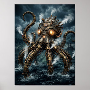  Stoomstijl mechanische octopus rijst uit de oceaa Poster