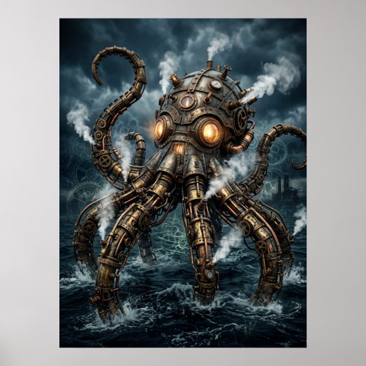 Stoomstijl mechanische octopus rijst uit de oceaa Poster (Voorkant)