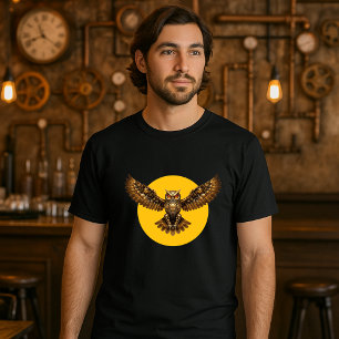 Stoomstijl mechanische vliegende uil boven volle m t-shirt