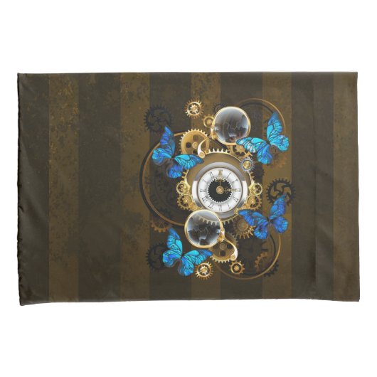 Stoomstijl tandwielen en blauwe vlinders kussensloop (Voorkant-Rechts)