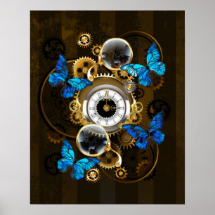 Stoomstijl tandwielen en blauwe vlinders poster
