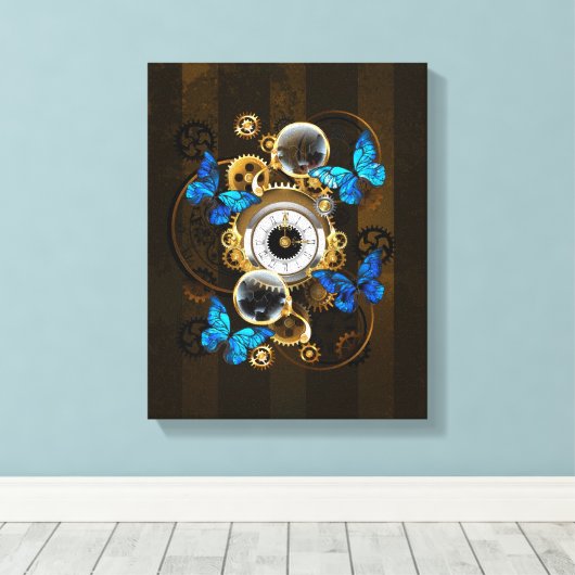 Stoomstijltandwielen en Blauwe Vlinders Canvas Afdruk (Insitu (Houten vloer))