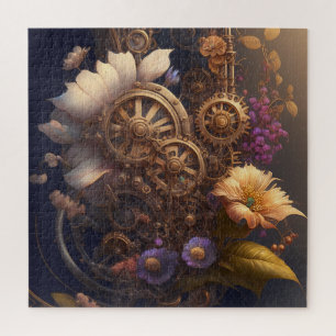 Stoomtech-tandwielen en paarse en witte bloemen legpuzzel