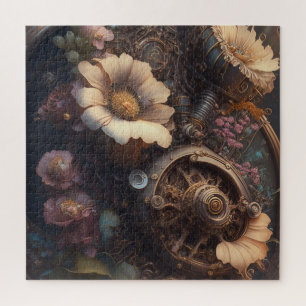 Stoomtech-tandwielen en witte bloemen legpuzzel