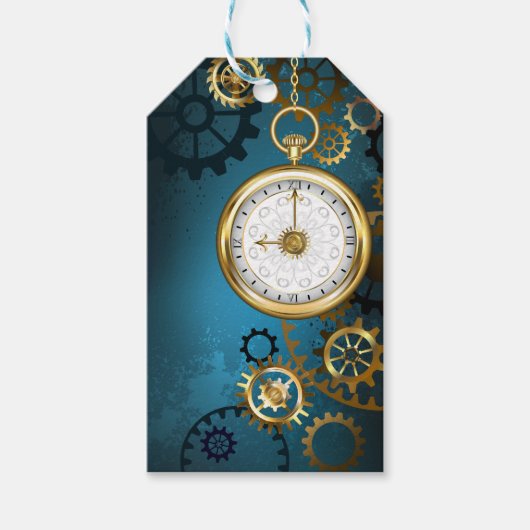 Stoomtech turkoois Achtergrond met Tandwielen Cadeaulabel (Voorkant)