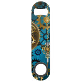 Stoomtech turquoise achtergrond met tandwielen speed flessenopener (Achterkant)