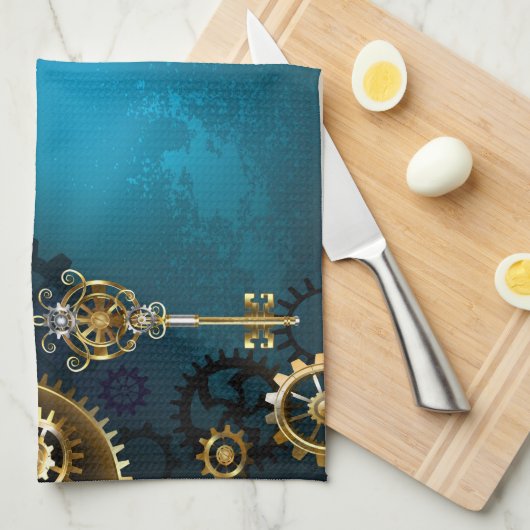 Stoomtech turquoise achtergrond met tandwielen theedoek (Quarter Fold)