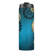 Stoomtech turquoise achtergrond met tandwielen thermosbeker (Voorkant)