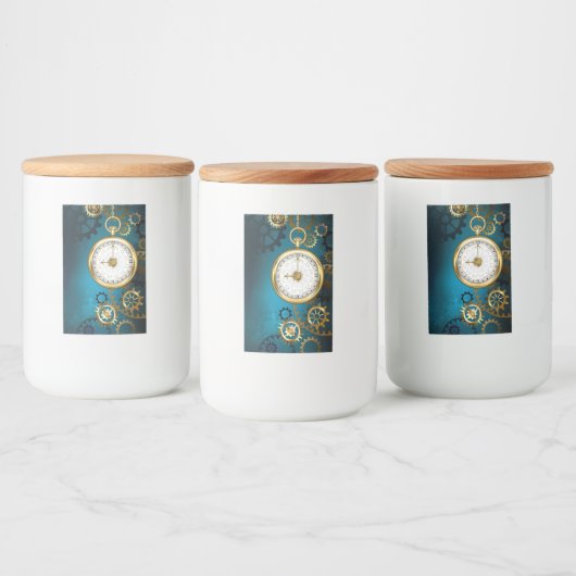 Stoomtech turquoise achtergrond met tandwielen voedselcontainer etiket (Flessen)