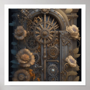 Stoomtechdeur met bloemen poster