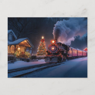 Stoomtrein die door een kerststad gaat briefkaart