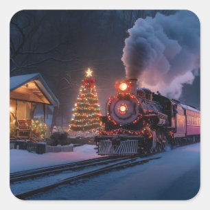 Stoomtrein die door een kerststad gaat vierkante sticker