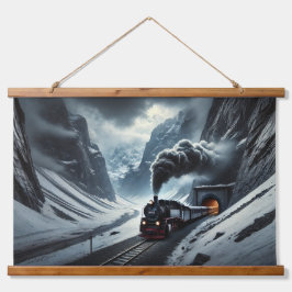 stoomtrein die uit een bergtunnel rent hangend wandkleed