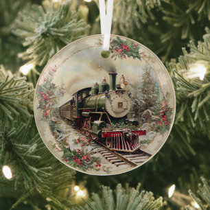 Stoomtrein door besneeuwde dennenbomen glas ornament