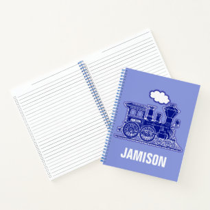 Stoomtrein grafisch in blauw met aangepaste naam notitieboek