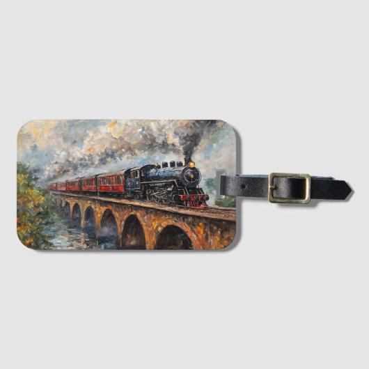 Stoomtrein op een brug - olieverfschilderij bagagelabel (Voorkant (horizontaal))