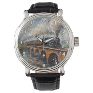 Stoomtrein op een brug - olieverfschilderij horloge