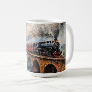 Stoomtrein op een brug - olieverfschilderij koffiemok