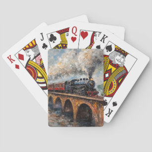 Stoomtrein op een brug - olieverfschilderij pokerkaarten