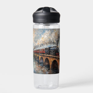 Stoomtrein op een brug - olieverfschilderij waterfles