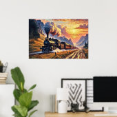 Stoomtrein racet de heuvel op bij Sunset, Railroad Poster (Thuiskantoor)