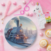 stoomtrein winterbesneeuwde bergen papieren bordje (Feest)