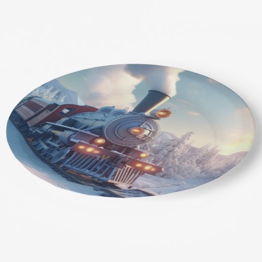 stoomtrein winterbesneeuwde bergen papieren bordje (Gekanteld)