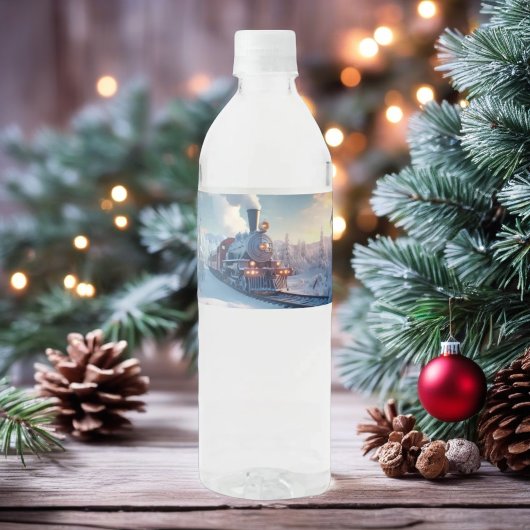 stoomtrein winterbesneeuwde bergen waterfles etiket